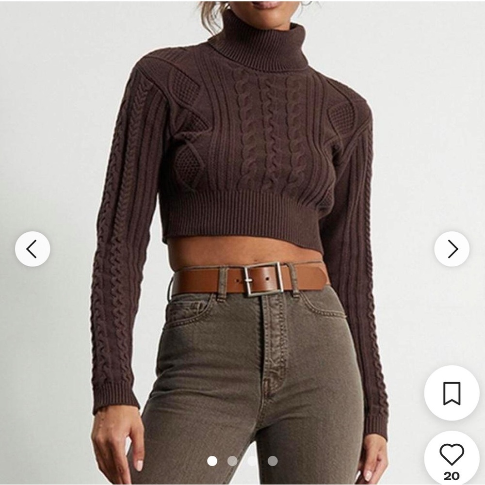 Kendall & Kylie M Cropped Cable Knit Turtleneck Sweater Chocolate Brown Y2K